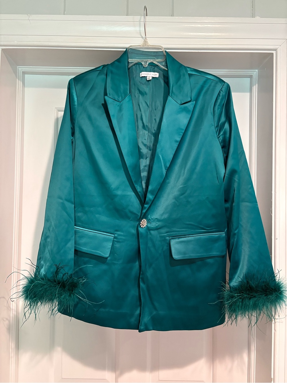 Satin Feather Blazer Jacket Teal size Medium